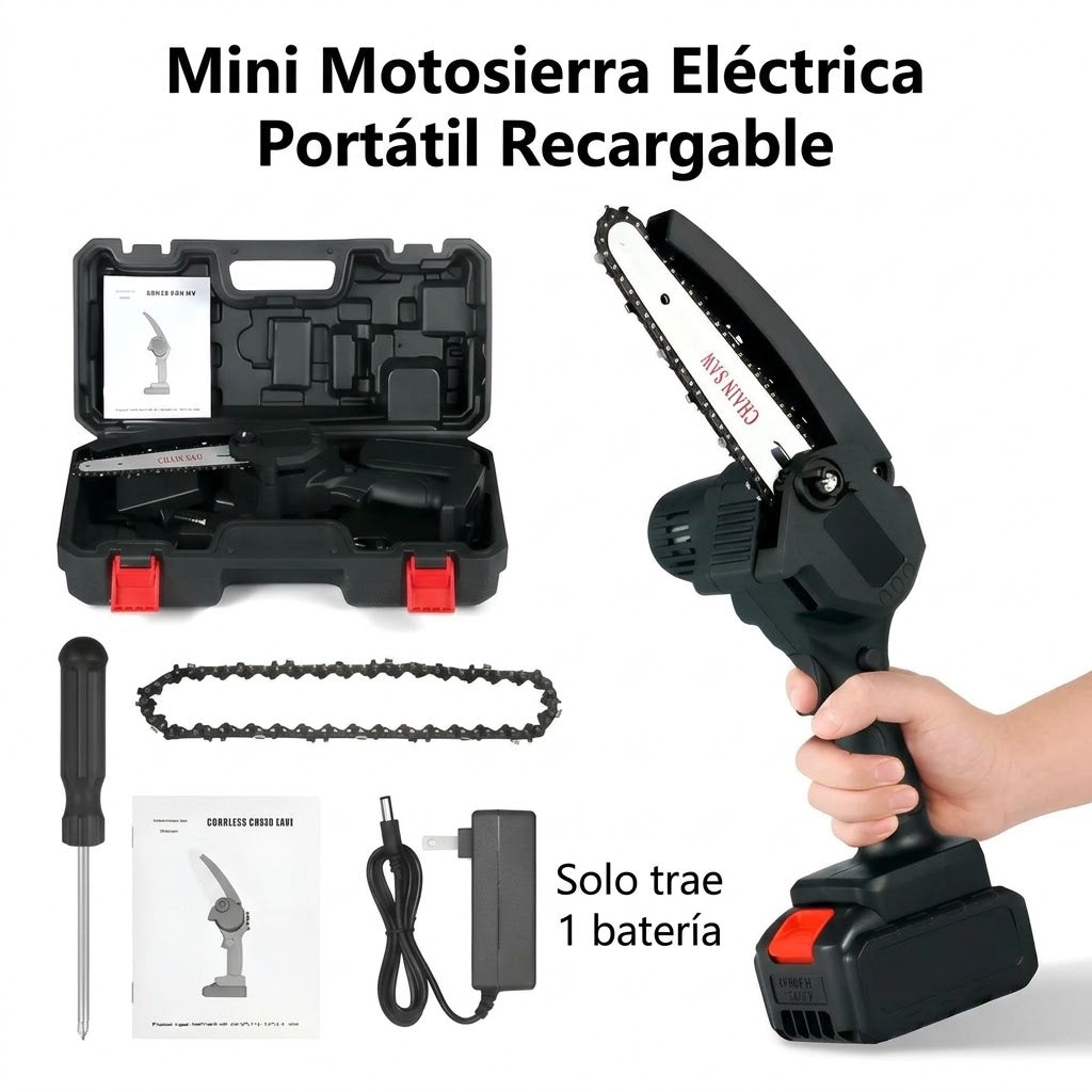Contenido del kit: mini motosierra, batería, cargador, cadena de repuesto, destornillador y maletín
