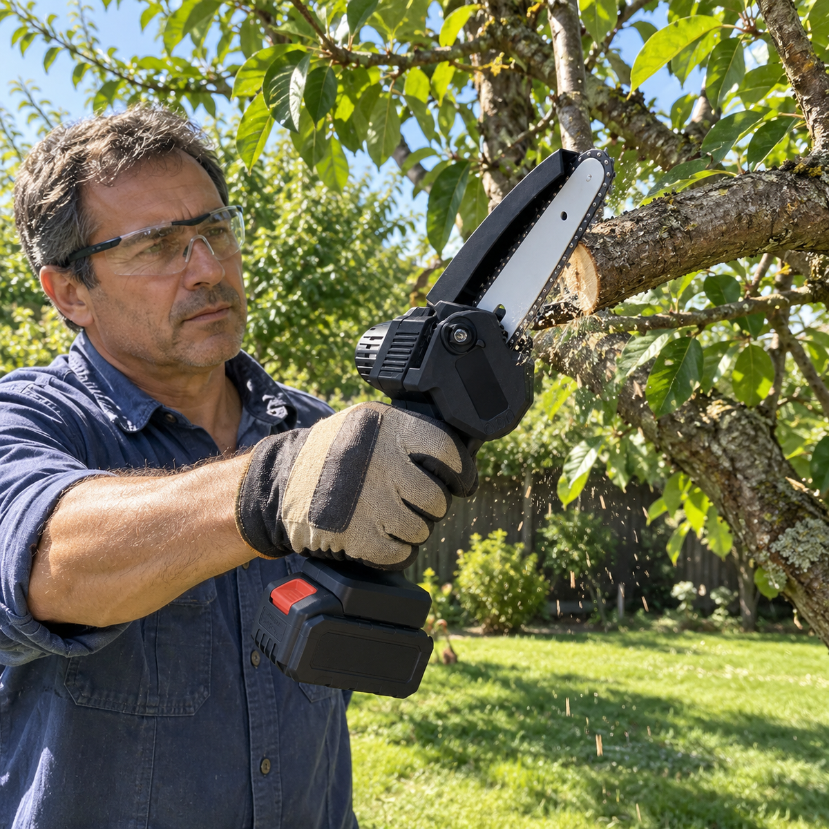 Hombre podando un árbol frutal con la mini motosierra a batería